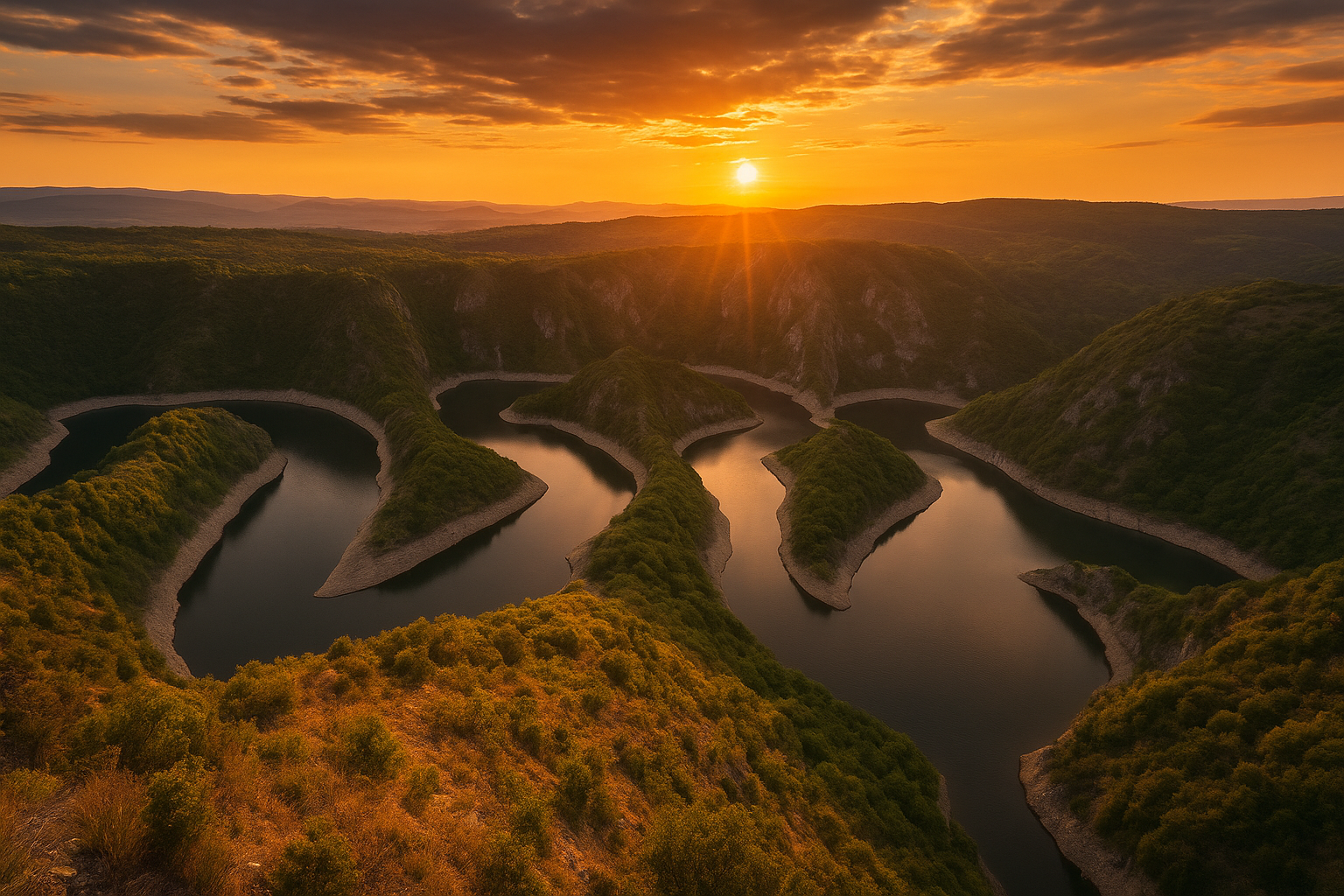 Zalazak sunca nad meandrima reke Uvac u Srbiji, pogled sa vidikovca